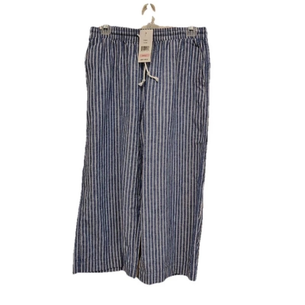Beach Lunch Lounge Linen Striped Capri Pants Women S Wide Leg Blue NWT $68